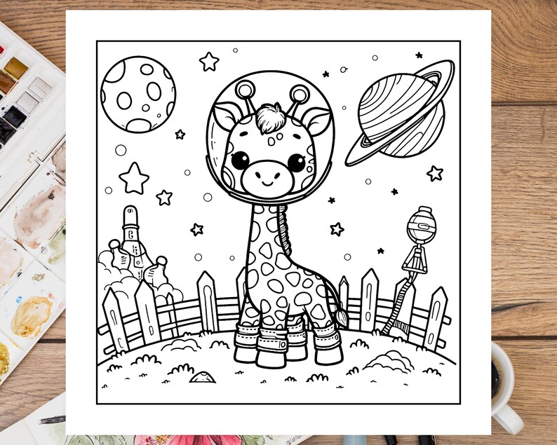 以下が含まれることがあります： 宇宙服を着てブーツを履いたキリンの白黒の線画。キリンはフェンスとロケットを背景に惑星の上に立っています。空には星と惑星があります。