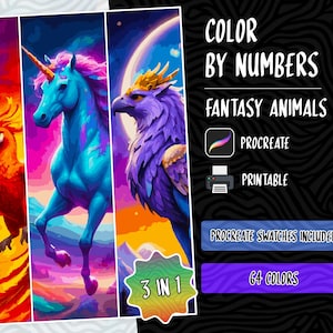 Color by Numbers Digital Coloring Pages Paint by Numbers Procreate Coloring Book Adults Coloring Book, Fantasy Animals Coloring by Numbers