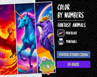 Color by Numbers Digital Coloring Pages Paint by Numbers Procreate Coloring Book Adults Coloring Book, Fantasy Animals Coloring by Numbers