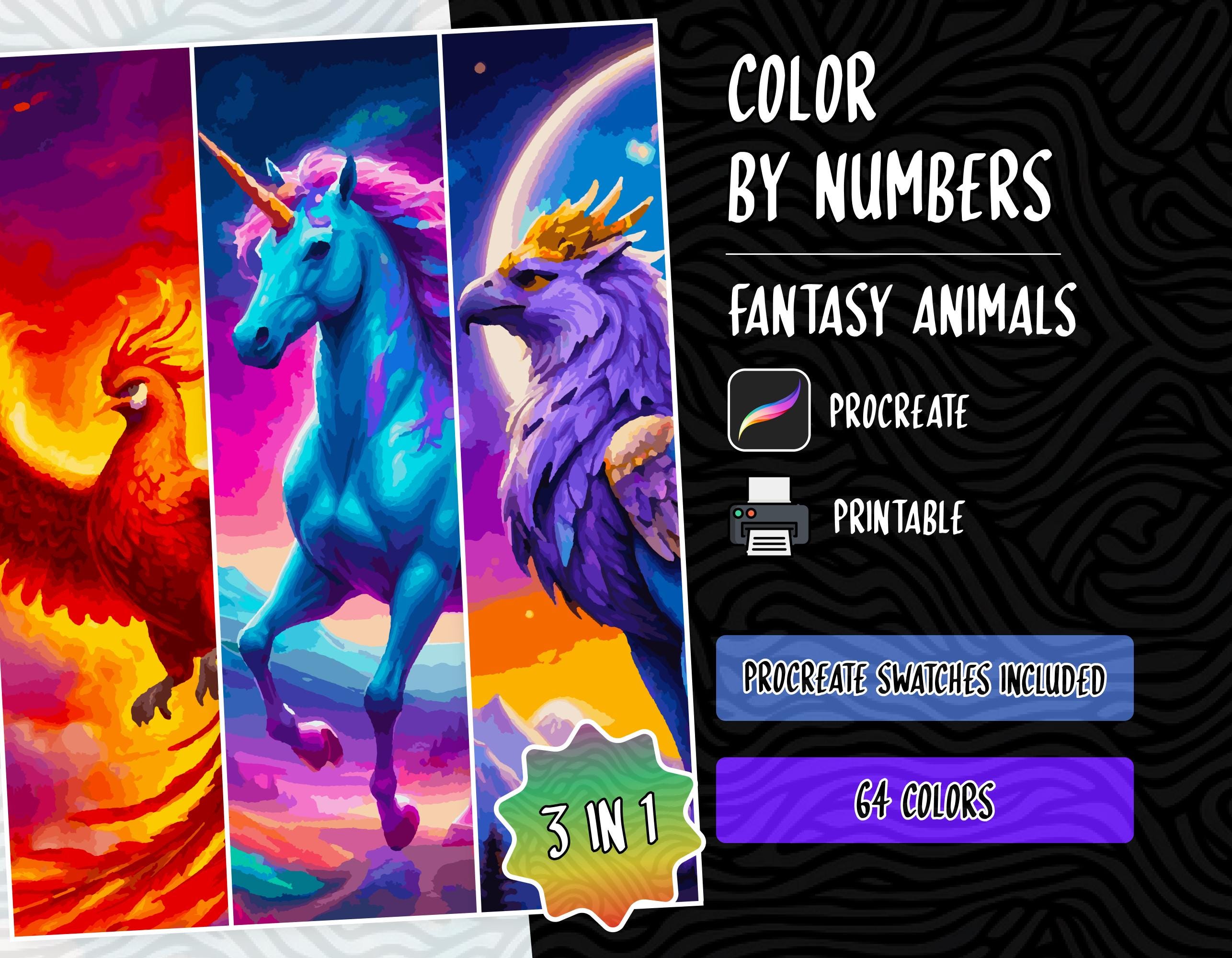 Color by Numbers Digital Coloring Pages for Adults | Fantasy Animals Paint by Numbers for Procreate & Printable PDF