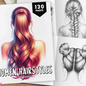 Op de afbeelding: Een kleurboek met 130 pagina's met verschillende kapsels voor vrouwen. De omslag toont een vrouw met lang, golvend, rood haar dat in een paardenstaart is gebundeld. Het boek is getiteld "Women Hairstyles #DIGITALPIKECOLORING".
