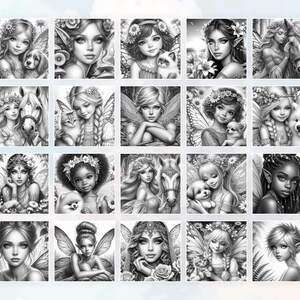 May include: A digital coloring book page featuring 20 illustrations of fairies with animal companions. Each fairy has a unique design with wings, flowers, and other whimsical details. The fairies are surrounded by a light blue background.