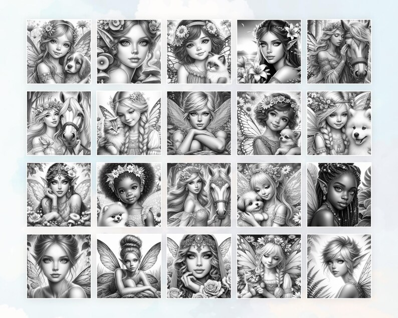 May include: A digital coloring book page featuring 20 illustrations of fairies with animal companions. Each fairy has a unique design with wings, flowers, and other whimsical details. The fairies are surrounded by a light blue background.