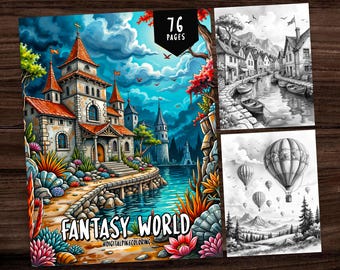 76 Fantasy World Coloring Book, Grayscale Coloring Book, Coloring Sheets, Adult Coloring Book, Fantasy Coloring Book, Printable PDF