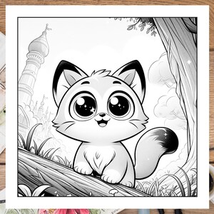 May include: A black and white illustration of a cute cartoon cat with big eyes and a happy expression. The cat is sitting on a tree branch in a forest setting.