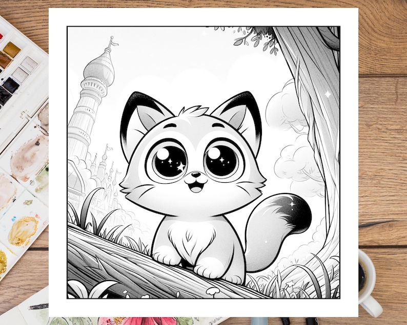 May include: A black and white illustration of a cute cartoon cat with big eyes and a happy expression. The cat is sitting on a tree branch in a forest setting.