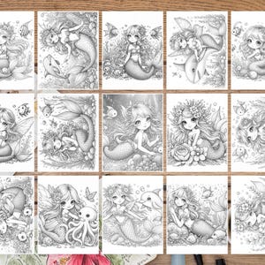 May include: A set of 12 black and white coloring pages featuring mermaids with different accessories and poses. The mermaids are surrounded by sea life, including fish, seaweed, and bubbles.