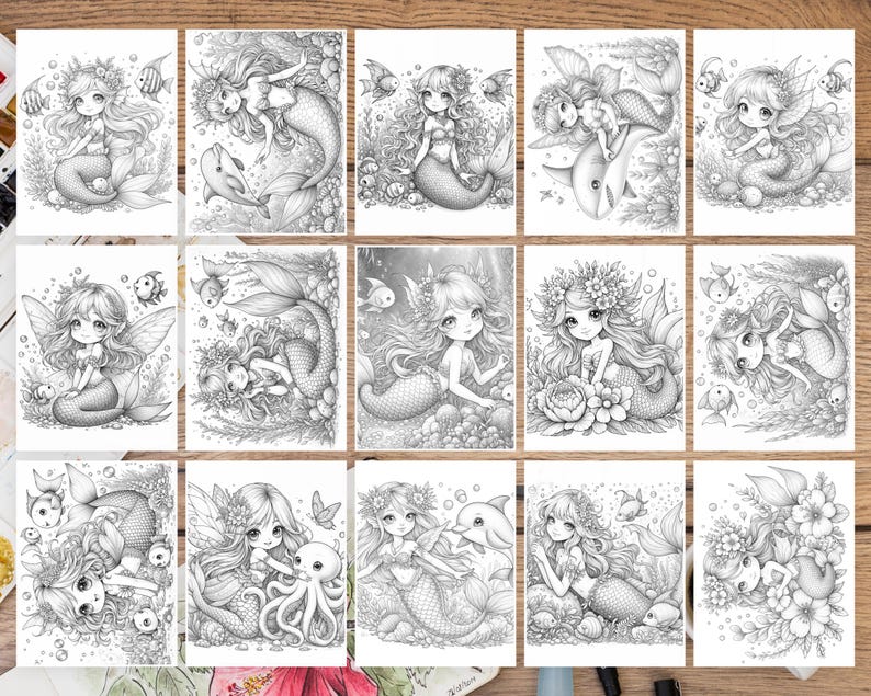 May include: A set of 12 black and white coloring pages featuring mermaids with different accessories and poses. The mermaids are surrounded by sea life, including fish, seaweed, and bubbles.