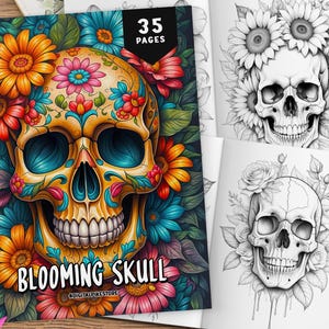 35 Blooming Skull Coloring Book, Flowers Coloring Pages, Horror Coloring Book, Floral Skull Coloring, Coloring Sheets, Skull Coloring Book