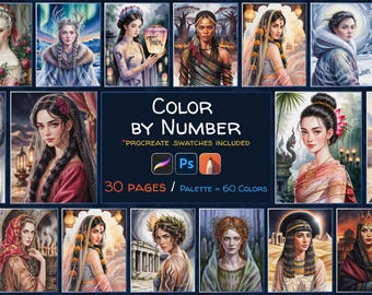 Colorear por números para adultos, pintar por números, páginas para colorear digitales, libro para colorear Procreate, mujeres hermosas CBN Beauties, pintar por números