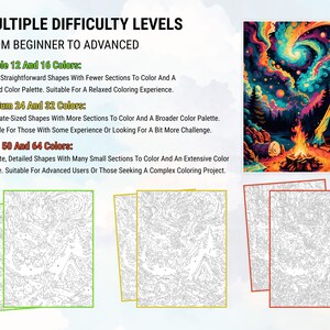 May include: Three different difficulty levels for coloring books are shown. The first level is "Simple 12 and 16 Colors" with large, straightforward shapes. The second level is "Medium 24 and 32 Colors" with moderate-sized shapes. The third level is "Hard 50 and 64 Colors" with intricate, detailed shapes. A completed coloring book image is shown at the top of the page.