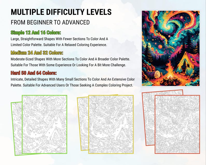 May include: Three different difficulty levels for coloring books are shown. The first level is "Simple 12 and 16 Colors" with large, straightforward shapes. The second level is "Medium 24 and 32 Colors" with moderate-sized shapes. The third level is "Hard 50 and 64 Colors" with intricate, detailed shapes. A completed coloring book image is shown at the top of the page.