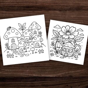 May include: Two black and white line art illustrations on white paper. One depicts mushroom houses with a ladybug, flowers, and a fence. The other shows a flower with a teacup house and a swing, with three cat-like figures inside.