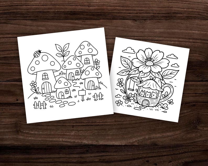 May include: Two black and white line art illustrations on white paper. One depicts mushroom houses with a ladybug, flowers, and a fence. The other shows a flower with a teacup house and a swing, with three cat-like figures inside.