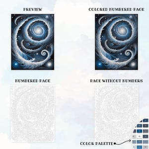 Pu&ograve; includere: Un kit di pittura per numeri con un design a spirale galattico con una tavolozza di colori bianco, blu e nero. Il kit include una pagina numerata, una pagina numerata a colori, una pagina senza numeri e una tavolozza di colori.