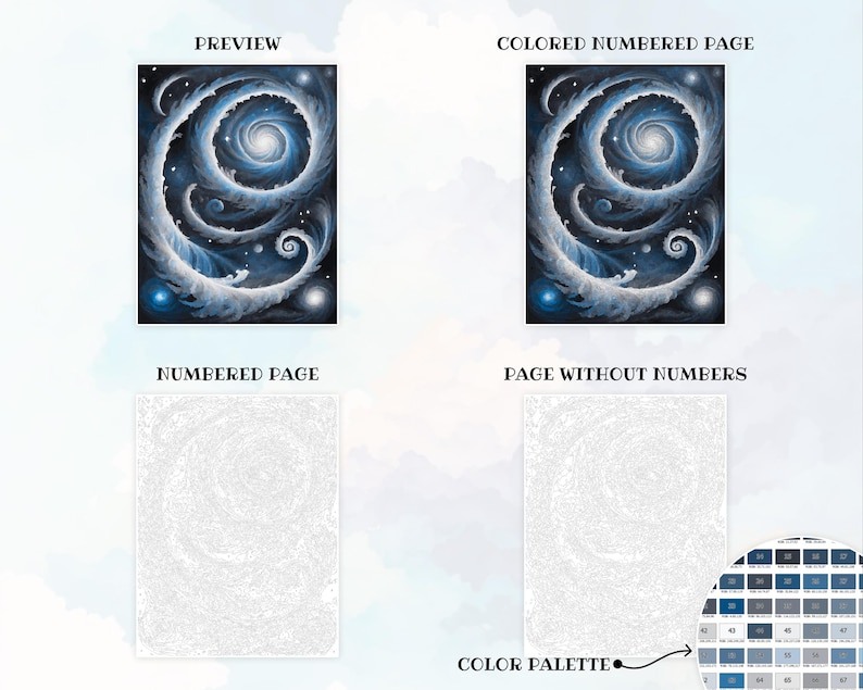 Pu&ograve; includere: Un kit di pittura per numeri con un design a spirale galattico con una tavolozza di colori bianco, blu e nero. Il kit include una pagina numerata, una pagina numerata a colori, una pagina senza numeri e una tavolozza di colori.