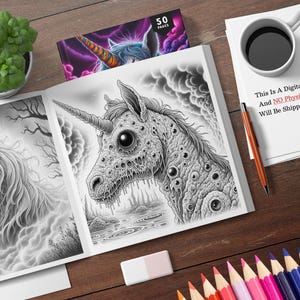 May include: A black and white colouring book page featuring a detailed illustration of a monstrous unicorn with multiple eyes. The unicorn is standing in a foggy forest setting. The text "This Is A Digital Product. And NO Physical Item Will Be Shipped To You." is printed on a white sheet of paper.