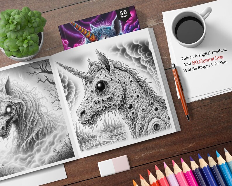 May include: A black and white colouring book page featuring a detailed illustration of a monstrous unicorn with multiple eyes. The unicorn is standing in a foggy forest setting. The text "This Is A Digital Product. And NO Physical Item Will Be Shipped To You." is printed on a white sheet of paper.