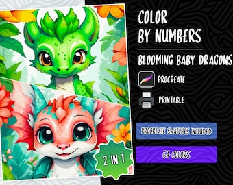 Blooming Baby Dragons Color by Numbers Digital Coloring Pages Paint by Number Procreate Coloring Cute Dragons Coloring Fantasy