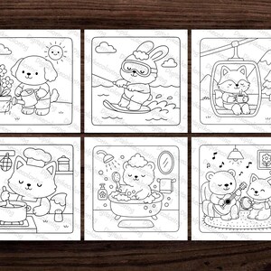 May include: Six black and white coloring pages featuring cute animal illustrations. The images include a dog watering flowers, a bunny water skiing, a fox in a gondola, a cat cooking, a bear in a bathtub, and a bear and fox playing music.
