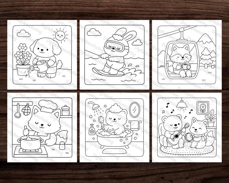 May include: Six black and white coloring pages featuring cute animal illustrations. The images include a dog watering flowers, a bunny water skiing, a fox in a gondola, a cat cooking, a bear in a bathtub, and a bear and fox playing music.