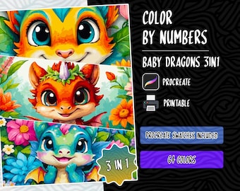 Color by Numbers Digital Coloring Pages Paint by Numbers Procreate Coloring Book Dragons Coloring Book, Baby Dragons Color by Numbers