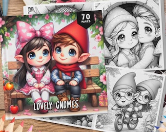 70 Lovely Gnomes Coloring Book, Coloring Sheets, Garden Gnome Coloring Book, Grayscale Coloring for Adults and Kids, Gnome Coloring Pages