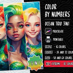 Mermaids Coloring by Number, Digital Coloring Page, Paint by Number, Procreate Coloring Book, Adults Coloring, Women Coloring Procreate PDF
