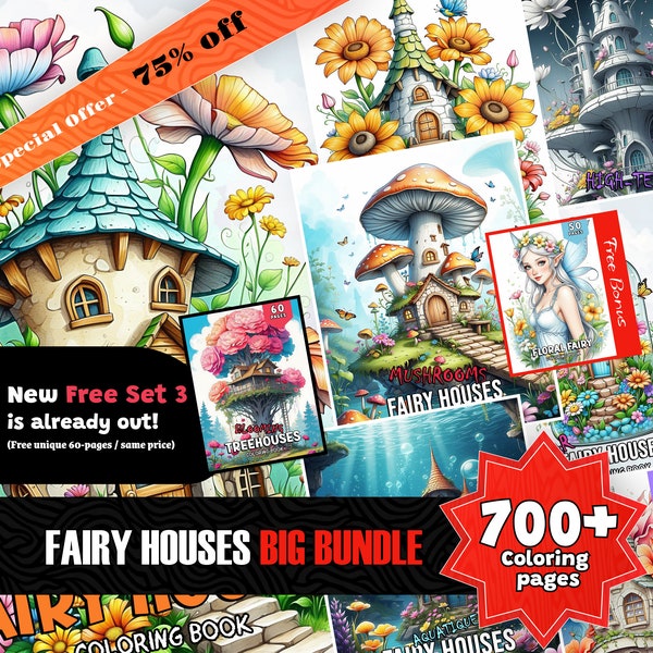 700+ Fairy Houses Coloring Book, Big Collection, Printable PDF, Fantasy Coloring, Grayscale Coloring for Adults and Kids, Instant Download