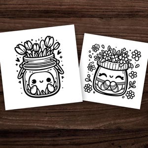 Puede incluir: Dos dibujos en blanco y negro de tarros de cristal con flores y caras sonrientes. El primer tarro tiene un ramo de flores y el segundo tarro tiene una sola flor.