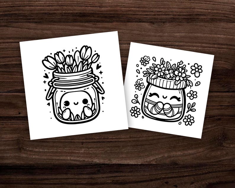 Puede incluir: Dos dibujos en blanco y negro de tarros de cristal con flores y caras sonrientes. El primer tarro tiene un ramo de flores y el segundo tarro tiene una sola flor.