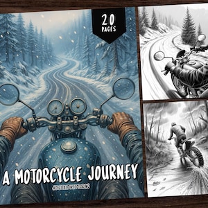 20 Motorcycle Trip Grayscale Coloring Pages, Scenic Landscape Coloring Book, Biker Road Trip Coloring Sheets, Grayscale Travel Coloring