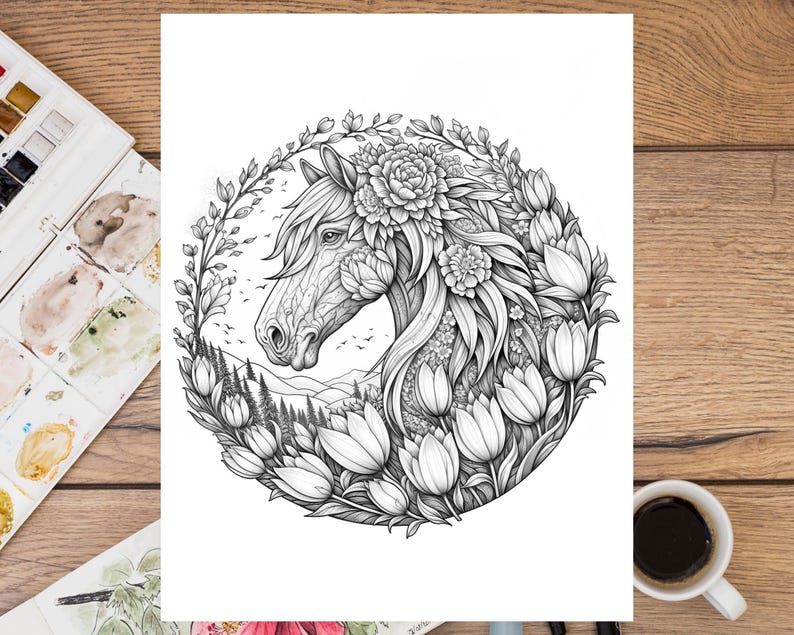 May include: A black and white line drawing of a horse's head surrounded by a wreath of flowers and leaves. The horse's mane and tail are flowing in the wind. The flowers are tulips and other types of flowers.