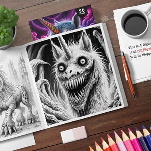 May include: A black and white colouring book featuring a creepy unicorn with sharp teeth and a menacing expression. The book has 50 pages and is a digital product.