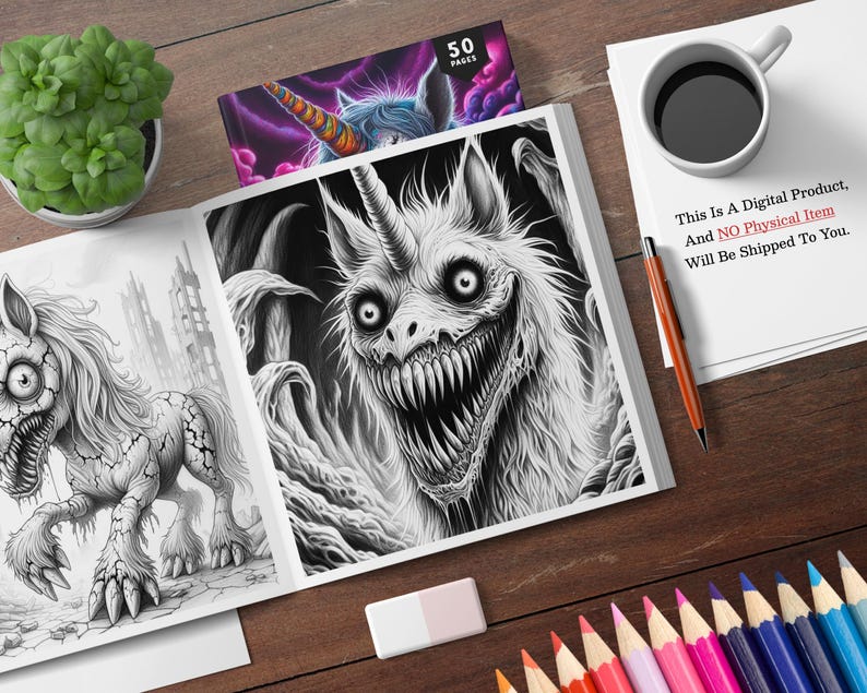 May include: A black and white colouring book featuring a creepy unicorn with sharp teeth and a menacing expression. The book has 50 pages and is a digital product.