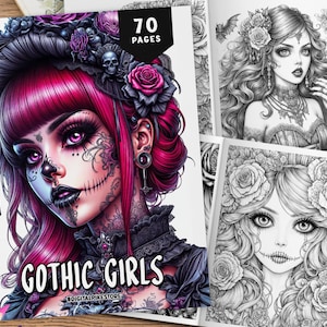 70 páginas para colorear de chicas góticas, páginas para colorear en escala de grises, hojas para colorear, páginas para colorear de muñecas espeluznantes, páginas para colorear góticas, páginas para colorear de mujeres