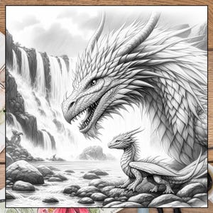 May include: A black and white pencil drawing of a large dragon and a smaller dragon standing near a waterfall. The dragons are facing the viewer and the waterfall is in the background.