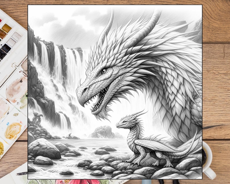 May include: A black and white pencil drawing of a large dragon and a smaller dragon standing near a waterfall. The dragons are facing the viewer and the waterfall is in the background.
