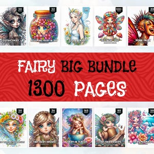 May include: A collection of 10 coloring books featuring fairies with different themes, including gothic, floral, patchwork, punk, portraits in nature, tiny druids, in a teacup, tiny riders, and mermaids. The books are part of a "Fairy Big Bundle" with a total of 1300 pages.