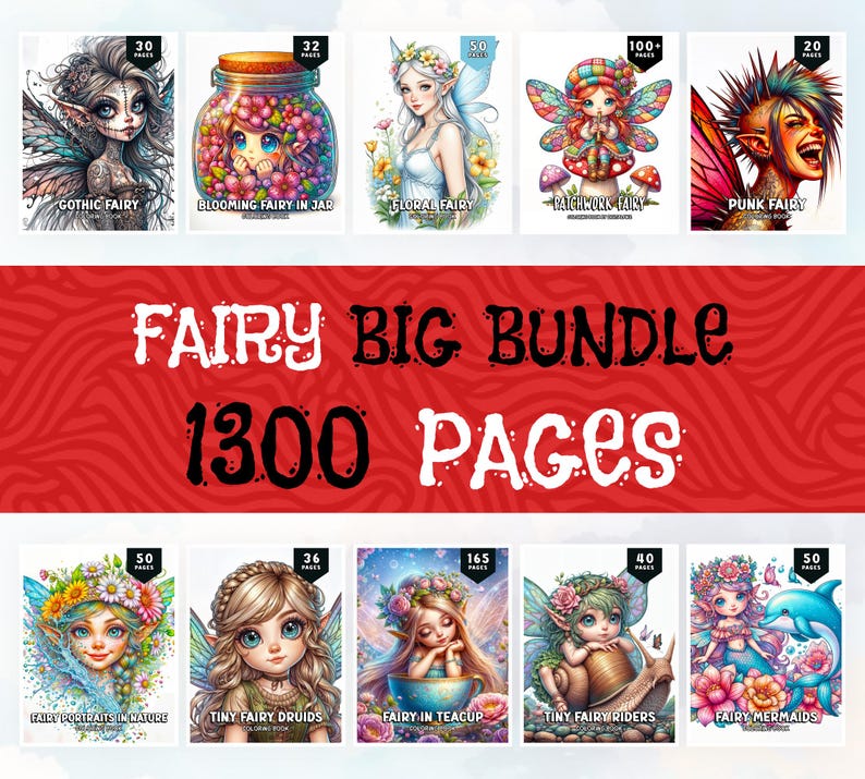 May include: A collection of 10 coloring books featuring fairies with different themes, including gothic, floral, patchwork, punk, portraits in nature, tiny druids, in a teacup, tiny riders, and mermaids. The books are part of a "Fairy Big Bundle" with a total of 1300 pages.