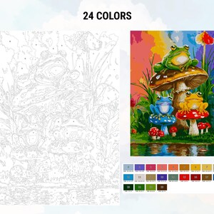 May include: A paint by numbers kit featuring three frogs sitting on mushrooms. The frogs are green, blue, and yellow. The mushrooms are red and brown. The background is a rainbow gradient with a reflection of the frogs in the water.