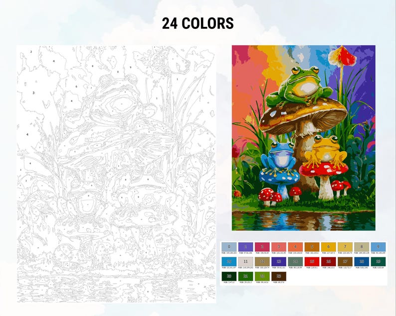 May include: A paint by numbers kit featuring three frogs sitting on mushrooms. The frogs are green, blue, and yellow. The mushrooms are red and brown. The background is a rainbow gradient with a reflection of the frogs in the water.