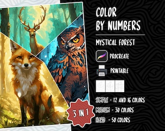 May include: Color by numbers painting kit featuring a mystical forest scene with a fox, owl, and deer. The kit includes three difficulty levels: simple, medium, and hard. The kit is available for Procreate and printable.