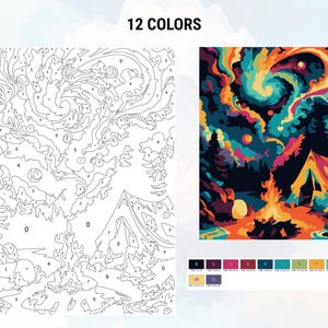 May include: A paint-by-numbers kit featuring a colorful night sky with a swirling galaxy, a campfire, and a tent. The kit includes 12 colors.