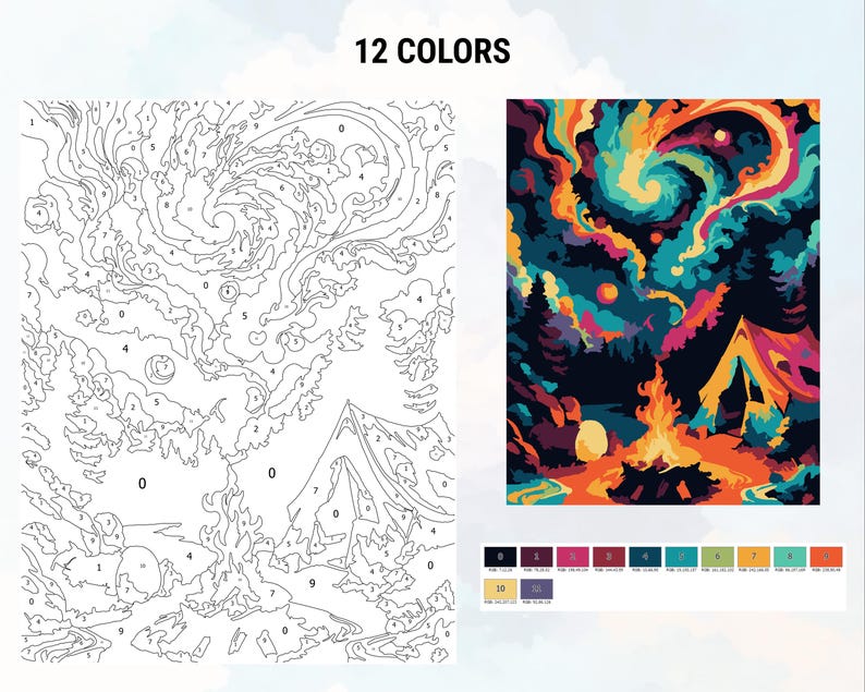 May include: A paint-by-numbers kit featuring a colorful night sky with a swirling galaxy, a campfire, and a tent. The kit includes 12 colors.