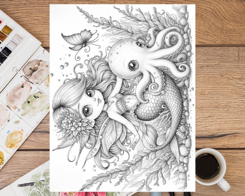 May include: A black and white illustration of a mermaid with long flowing hair and a large-eyed octopus wrapped around her tail. The mermaid is wearing a seashell bra and has a flower crown on her head. The octopus has a large eye and a friendly expression. The illustration is surrounded by seaweed and bubbles.