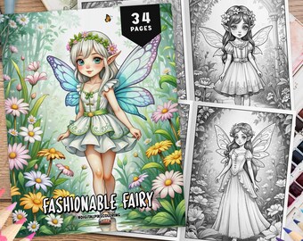 34 Fashion Fairy Coloring Book for Women, Coloring Sheets, Coloring pages, Grayscale Coloring Pages, Stunning Outfit Designs Coloring