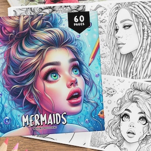 60 Mermaid Coloring Book, Grayscale Coloring Book, Coloring Sheets, Adult Coloring, Fantasy Coloring Pages, Kids Coloring, Printable PDF