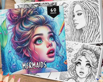 60 Mermaid Coloring Book, Grayscale Coloring Book, Coloring Sheets, Adult Coloring, Fantasy Coloring Pages, Kids Coloring, Printable PDF