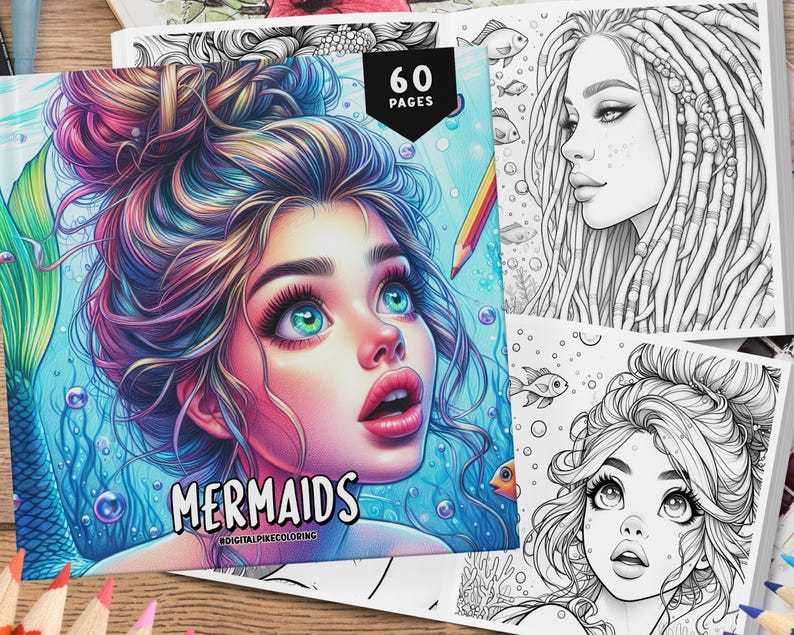 60 Mermaid Coloring Book, Grayscale Coloring Book, Coloring Sheets, Adult Coloring, Fantasy Coloring Pages, Kids Coloring, Printable PDF